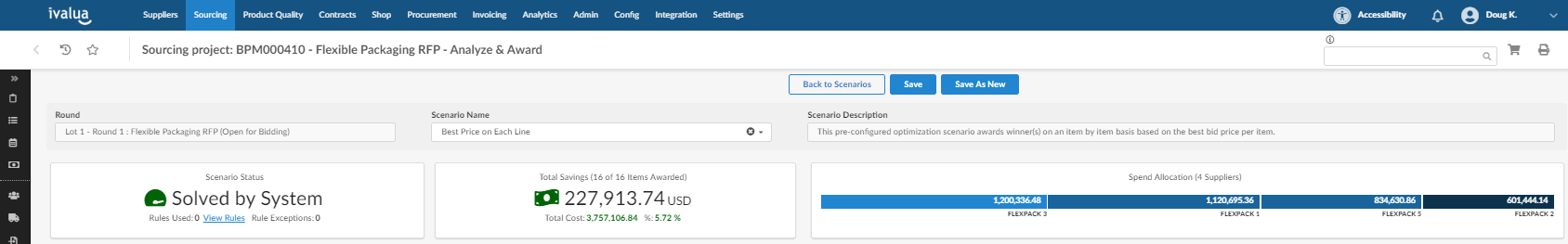 Tablero de abastecimiento con "Create a Scenario"